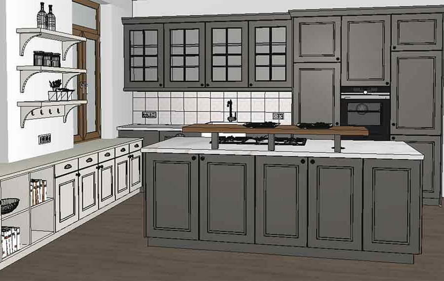 edle Landhausküche 3D geplant im Miele Center Pellet